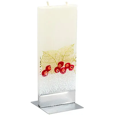 Фото №0 Свеча декоративная 60х7х150 мм РЯБИНА С ЗОЛОТЫМИ ЛИСТЬЯМИ прямоугольная КРЕМОВАЯ на подставке "FLATYZ"