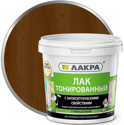 Фото №0 Лак ЛАКРА Лак для отделки деревянных и минеральных поверхностей ЛАКРА 0,9 кг глянцевый орех тонированный