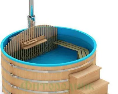 фото Офуро (Фурако) с дровяной встроенной печью из кедра с пластиковой вставкой