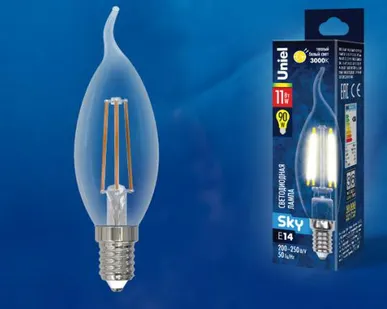 фото Лампа LED-CW35-11W/3000K/E14/CL PLS02WH Лампа светодиодная. Форма "свеча на ветру", прозрачная. Серия Sky. Теплый белый свет (3000К). Картон. ТМ Uniel.