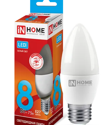 Фото №0 IN HOME Лампа светодиодная 8Вт 230В Е27 4000К 720Лм C37 свеча матовая LED-СВЕЧА-VC IN HOME