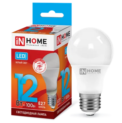 Фото №0 IN HOME Лампа светодиодная 12Вт 230В Е27 4000К 1080Лм A60 груша LED-A60-VC IN HOME