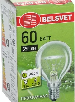 Фото №0 Лампа накаливания 'шар' прозрачная 60Вт Е14 BELSVET