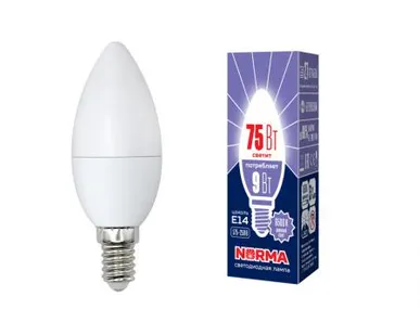 фото Лампа LED-C37-9W/DW/E14/FR/NR Лампа светодиодная. Форма "свеча", матовая. Серия Norma. Дневной белый свет (6500K). Картон. ТМ Volpe