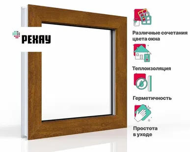 фото REHAU Пластиковое окно ПВХ РЕХАУ BLITZ 1000х1000 мм, глухое, двухкамерный стеклопакет, внешний цвет золотой дуб