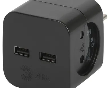 фото Разветвитель электрический SP-2-USB-B на 2 розетки 220В+ 2xUSB 2400мА без заземл 10А черн. Эра Б0049535