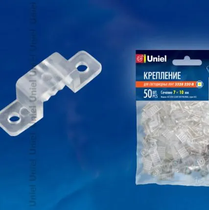 Фото №0 Крепление для ленты 220В UCC-K10 CLEAR 050 POLYBAG Крепление для светодиодной ленты 220В 5050, 10 мм, цвет прозрачный, 50 штук в пакете