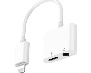 фото Адаптер-переходник MH033 (Lightning to 3.5mm mini Jack + Lightning) 10 см, белый