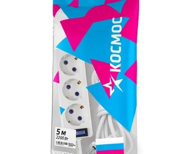 фото Удлинитель 3х5м с заземл. 10А IP20 с выкл. ПВС 3х0.75 Космос YKsm5m-3g-Z-V(10A)P