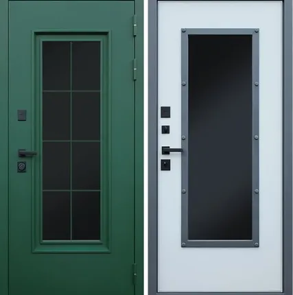 Фото №0 Входная дверь ТЕРМО Олимп муар зеленый стеклопакет-лайт софт грей АСД