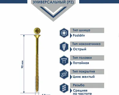 фото Саморез Pz 5,0х90 универсальный острый, желтый цинк
