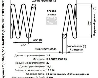 фото Пружина 2,5-20-72,7-12-14-Ц9ХР-(1086-0825 ГОСТ 18793-80)