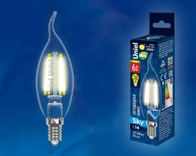 фото Лампа LED-CW35-6W/WW/E14/CL PLS02WH Лампа светодиодная. Форма "свеча на ветру", прозрачная. Серия Sky. Теплый белый свет. Картон. ТМ Uniel.