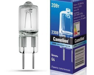 фото Лампа галогенная JD 20Вт капсула g4 2850К 240В g4 Camelion 10405