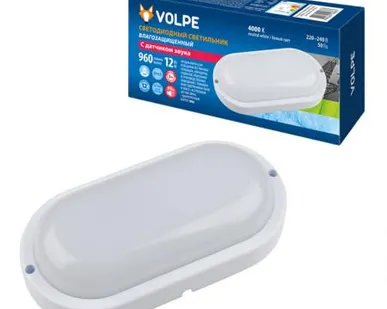 фото Светильник ULW-Q215 12W/4000K С датчиком движения IP65 WHITE Светильник светодиодный влагозащищенный, с датчиком звука. Овал. Белый свет (4000K). 960Лм. 178Х86мм. Корпус белый. ТМ Volpe.