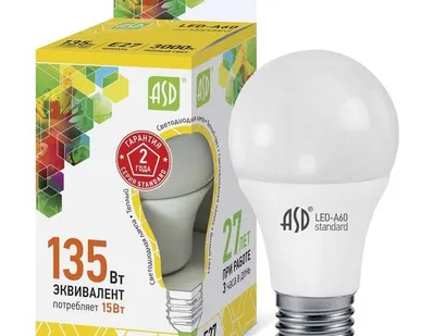 фото Лампа светодиодная LED-A60-standard 15Вт грушевидная 3000К тепл. бел. E27 1350лм 160-260В ASD 4690612002088