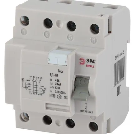 Фото №0 Выключатель дифференциального тока (УЗО) 4п 40А/30мА ВД-40 (электронное) SIMPLE-mod-45 ЭРА Б0039265