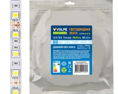 фото Светодиодная лента ULS-Q221 5050-60LED/m-10mm-IP20-DC12V-14,4W/m-5M-RGB Гибкая светодиодная лента на самоклеящейся основе. Катушка 5 м. в герметичной упаковке. RGB. ТМ Volpe.