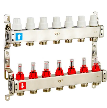 Фото №0 Коллекторная группа с расходомером и кронштейном (евроконус 3/4") нержавеющая сталь SUS 304 1"х 7 выходов, RTP