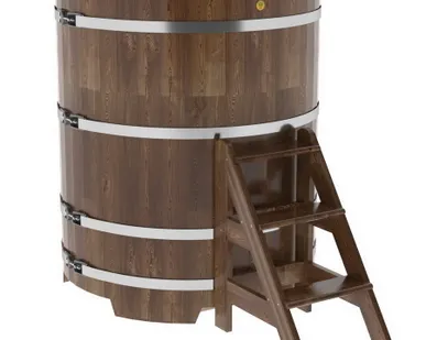 фото Купель для бани из сращенной лиственницы круглая D = 1,17 м (мореная, Н = 1,4 м)