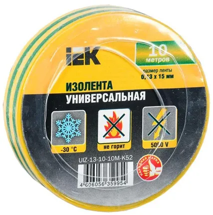 Фото №0 Изолента ПВХ 0.13х15мм (рул.10м) желт./зел. ИЭК UIZ-13-10-10M-K52