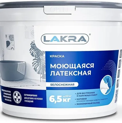 Фото №0 Краска латексная Лакра для внутренних и наружных работ матовая белый 6.5 л 6.5 кг