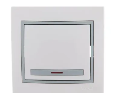 фото Выключатель 1-кл. СП Мира 10А IP20 с подсветкой с сер. вставкой бел. LEZARD 701-0215-111