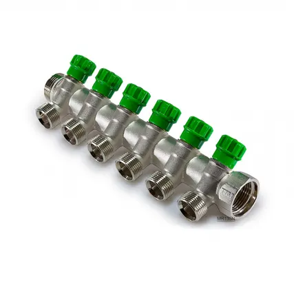 Фото №0 Коллектор распределительный 1" н.р. - в.р. с 6 отводами 45° - 3/4"ЕК (евроконус) TIM