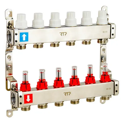 Фото №0 Коллекторная группа с расходомером и кронштейном (евроконус 3/4") нержавеющая сталь SUS 304 1"х 6 выходов, RTP