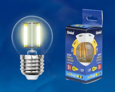 фото Лампа LED-G45-5W/WW/E27/CL/MB GLM10TR Лампа светодиодная. Форма «шар», прозрачная. Серия MULTIbright. Теплый белый свет (3000K). 100-50-10. Картон. ТМ Uniel.