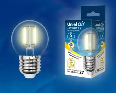 фото Лампа LED-G45-5W/WW/E27/CL/DIM GLA01TR Лампа светодиодная диммируемая. Форма "шар", прозрачная. Серия Air. Теплый белый свет (3000K). Картон. ТМ Uniel