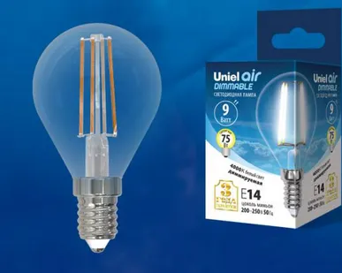 фото Лампа LED-G45-9W/4000K/E14/CL/DIM GLA01TR Лампа светодиодная диммируемая. Форма "шар", прозрачная. Серия Air. Белый свет (4000K). Картон. ТМ Uniel.