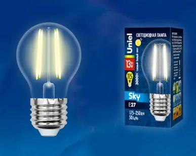 фото Лампа LED-G45-13W/3000K/E27/CL PLS02WH Лампа светодиодная. Форма "шар", прозрачная. Серия Sky. Теплый белый свет (3000К). Картон. ТМ Uniel.