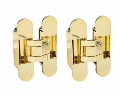 фото Петля скрытая ELEMENTIS, универсальная, 3D, 120x30 мм, 50 кг, цамак, золото полированное, в комплекте 2 петли,8 пласт. колпачков,8 винтов,2 рег.ключа,1 инструкция