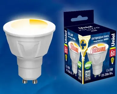 фото Лампа LED-JCDR 6W/WW/GU10/FR/DIM PLP01WH Лампа светодиодная, диммируемая. Форма «JCDR», матовая. Серия ЯРКАЯ. Теплый белый свет (3000K). Картон. ТМ Uniel