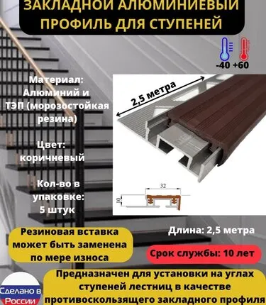 Фото №0 Противоскользящий закладной алюминиевый профиль для ступеней ALPBM 32 мм c коричневой резиновой вставкой, длина 2.5 метра, 5 штук