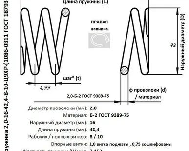 фото Пружина 2,0-16-42,4-8-10-Ц9ХР-(1086-0811 ГОСТ 18793-80)