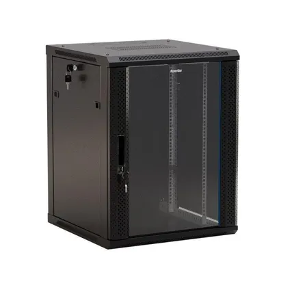 Фото №0 Шкаф настенный TWB-1866-GP-RAL9004 19дюйм 18U 908х600х600мм стекл. дверь с перфорацией по бокам ручка с замком черн. (RAL 9004) (разобранный) Hyperline 392642