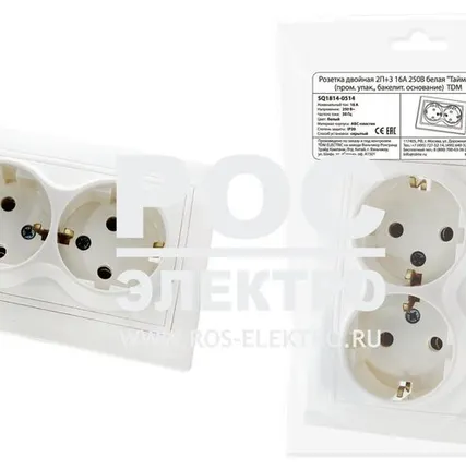Фото №0 Розетка двойная 2П+З 16А 250В белая "Таймыр" (пром. упак., бакелит. основание) TDM