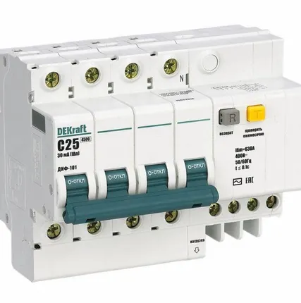 Фото №0 Выключатель автоматический дифференциального тока 4п C 25А 30мА тип AC 4.5кА ДИФ-101 6.5мод SchE 15022DEK