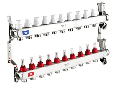фото Коллекторная группа с регулирующими клапанами, расходомерами, воздухоотводчиками, обратными и дренажными клапанами, кронштейном (евроконус 3/4") нержавеющая сталь SUS 304 1"х 10 выходов, RTP