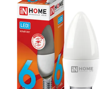 фото IN HOME Лампа светодиодная 6Вт 230В Е27 4000К 540Лм C37 свеча матовая LED-СВЕЧА-VC IN HOME