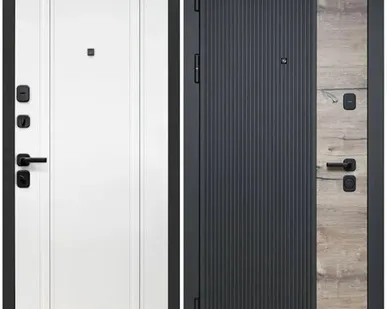 фото Дверь входная Вертикаль НЕО (Luxor) МДФ/МДФ, Канадский дуб пацифик, сатин черный/Эмалит белый 2050х960мм, ЛЕВАЯ