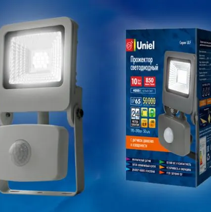Фото №0 Прожектор ULF-F37-10W/NW С датчиком движения IP54 195-240В SILVER Прожектор светодиодный с датчиком движения и освещенности. Белый свет (4000K). Корпус серебристый. TM Uniel.