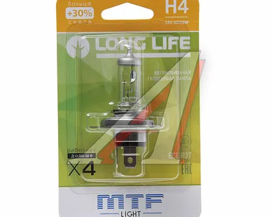фото Лампа 12V H4 60/55W P43t +30% блистер (1шт.) Long Life MTF
