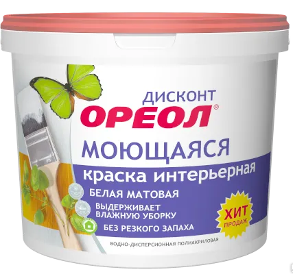 Фото №0 Краска ОРЕОЛ интерьерная моющаяся белая матовая ДИСКОНТ 3кг