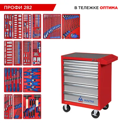 Фото №3 Набор инструментов 282 предмета, quot;ПРОФИ 282 quot;, в красной тележке МАСТАК 52-06282R