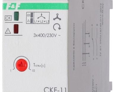 фото Реле контроля фаз для сетей с изолированной нейтралью CKF-11 (монтаж на DIN-рейке 35мм; регулировка задержки отключения; контроль чередования фаз; 3х400В 8А 1Z 1R IP20)(аналог ЕЛ-11Е) F&F EA04.004.003