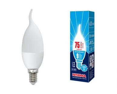 фото Лампа LED-CW37-9W/NW/E14/FR/NR Лампа светодиодная. Форма "свеча на ветру", матовая. Серия Norma. Белый свет (4000K). Картон. ТМ Volpe