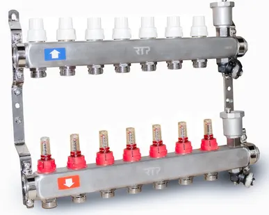 фото Коллекторная группа с регулирующими клапанами, расходомерами, воздухоотводчиками, обратными и дренажными клапанами, кронштейном (евроконус 3/4") нержавеющая сталь SUS 304 1"х 7 выходов, RTP